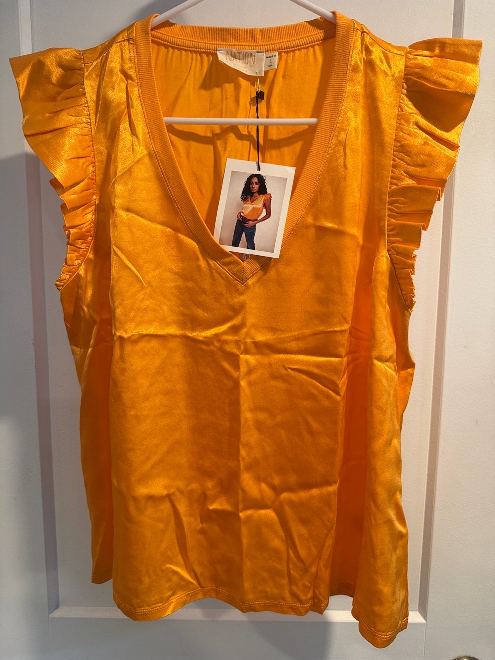 Nation LTD Orange Satin Ruffle Sleeve V-Neck Top
